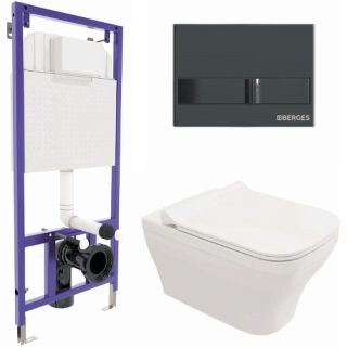 Комплект Berges 4в1 042454: инсталляция NOVUM кнопка L6 чёрный глянец унитаз Strati Rimless сиденье Strati Slim SO