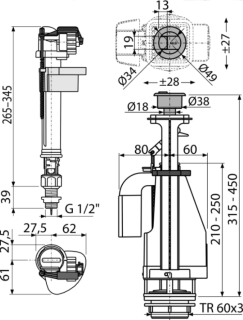 Выпускной комплект с двойной кнопкой AlcaPlast впускной механизм А18 1/2 SA08ASK 1/2"  CHROM