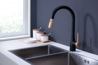 Смеситель для кухни DQ Rhein Schiller с выдвижной лейкой чёрный/золото DA1462517A