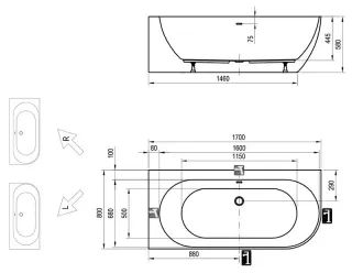 Ванна Ravak Freedom Corner L 1700x800 пристенная XC00100041