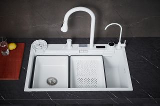 Многофункциональная кухонная мойка Savol S-SC002W с водопадом 75см белый