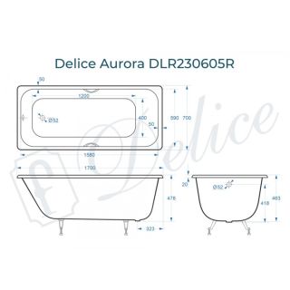 Ванна чугунная Delice Aurora DLR230605R 170x70 с отверстиями под ручки