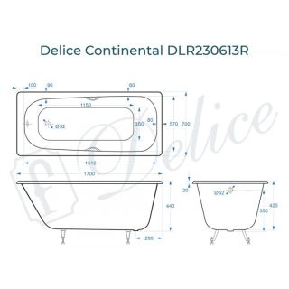 Ванна чугунная Delice Continental DLR230613R 170x70 с отверстиями под ручки