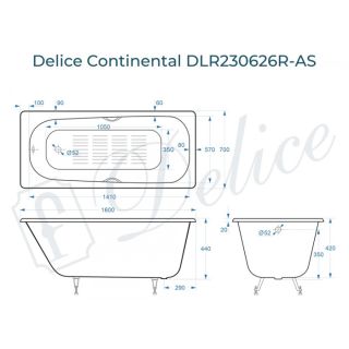 Ванна чугунная Delice Continental DLR230626R-AS 160х70 с отверстиями под ручки и антискользящим покрытием