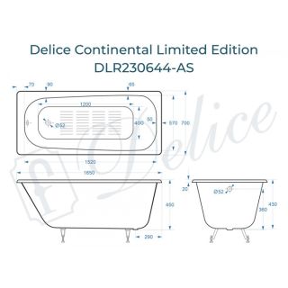 Ванна чугунная Delice Continental Limited Edition DLR230644-AS 165х70 с антискользящим покрытием