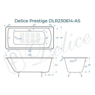 Ванна чугунная Delice Prestige DLR230614-AS 160х70 с антискользящим покрытием
