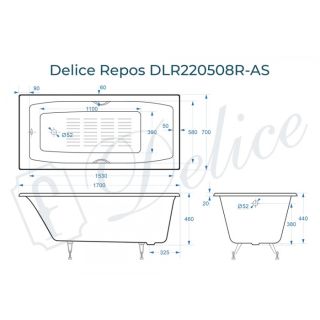 Ванна чугунная Delice Repos DLR220508RB-AS 170х70 с черными матовыми ручками
